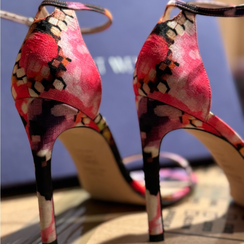 Stuart Weitzman Nudistsong Heels in Bright Pixel Silk (Worn Once) - Sz 9
